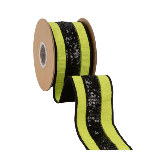 Vivid lime green dupioni wired ribbon, featuring shimmering black sequin stripe detailing for statement crafts