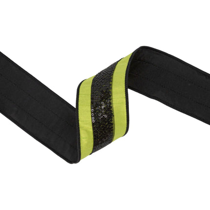 2 1/2"decorative wired ribbon, neon lime green dupioni fabric bordered by sparkly black sequin trim