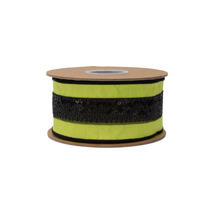 Standout seasonal wired dupioni ribbon with vibrant lime green base and glittering black sequin band accents