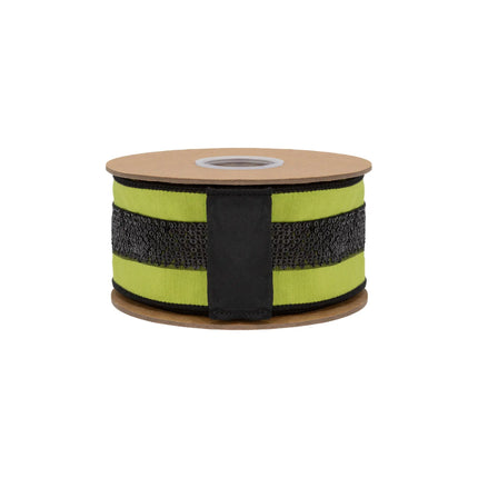 Premium 2 1/2" wired ribbon, smooth lime green dupioni material accented with reflective black sequin trim