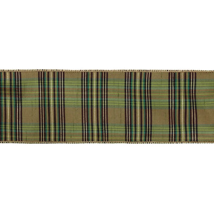 4" wired ribbon with green metallic plaid, suited for festive decor and tree trimming.