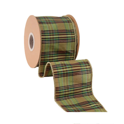 4-inch wired green metallic plaid ribbon, ideal for Christmas and seasonal crafts.