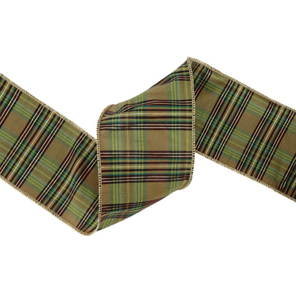 Green metallic plaid wired ribbon, 4" width, perfect for home accents and bows.