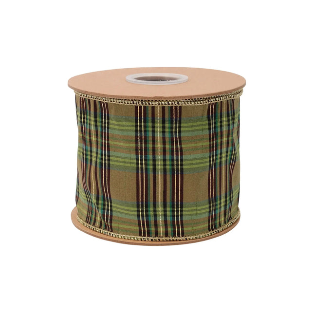 Wide green metallic plaid wired ribbon, 4-inch width for statement gift wrapping.