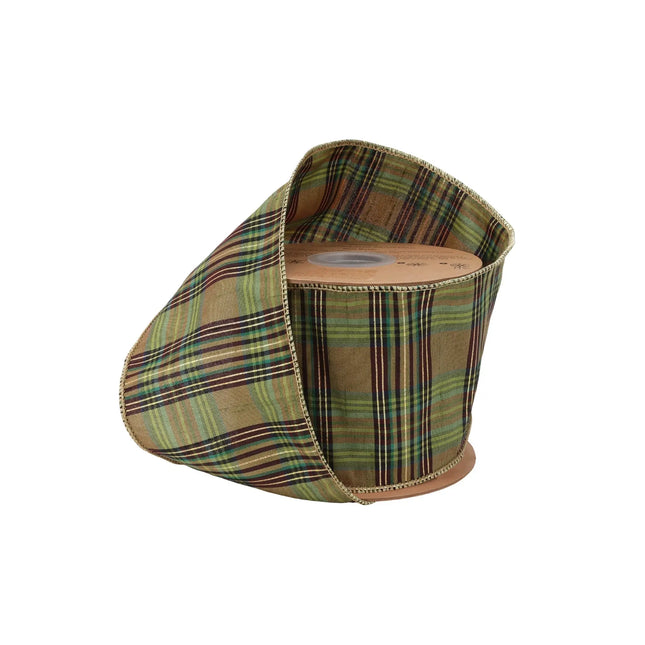 4" wired green metallic plaid ribbon, great for holiday wreaths and rustic decor.