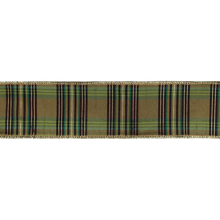 Wide green metallic plaid wired ribbon, perfect for adding sparkle to festive decor projects.
