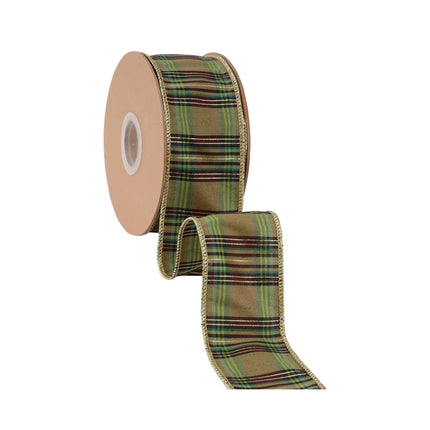 Green metallic plaid wired ribbon, 2 1/2" width, great for fall and Christmas home accents.