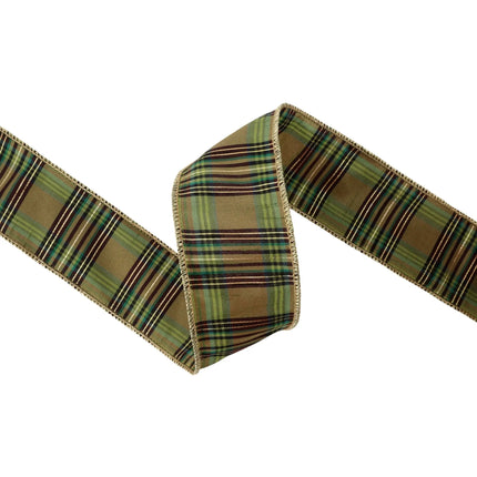 2 1/2" wired green plaid ribbon with metallic threads, suited for wreaths and floral arrangements.