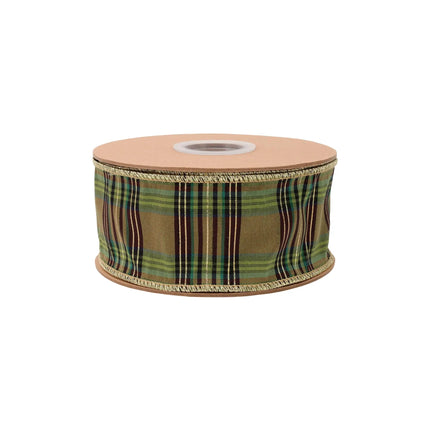 2.5-inch wired ribbon with green metallic plaid pattern, perfect for gift bows and seasonal crafts.