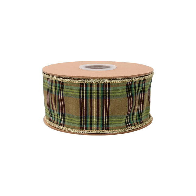 2.5-inch wired ribbon with green metallic plaid pattern, perfect for gift bows and seasonal crafts.