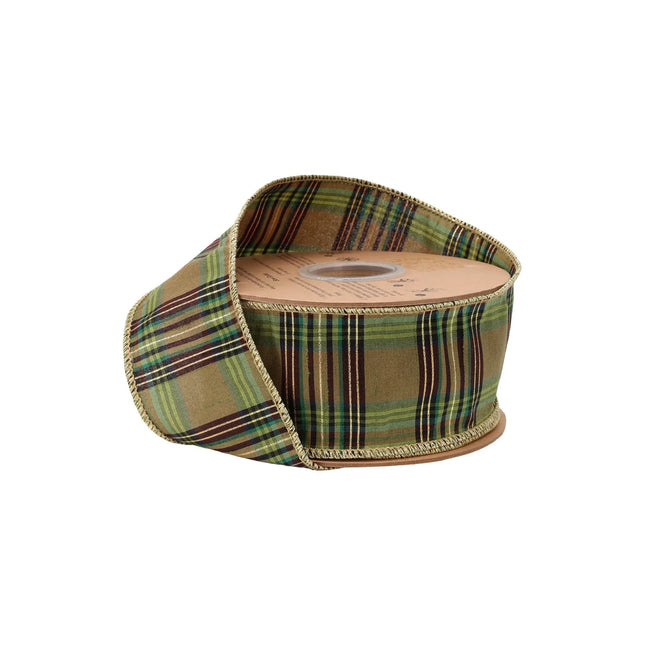 2 1/2" wired green metallic plaid ribbon, ideal for holiday wreaths and rustic decor.
