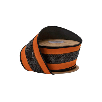 2 1/2" wired dupioni ribbon, vibrant orange fabric with dazzling black sequin trim for Halloween decor