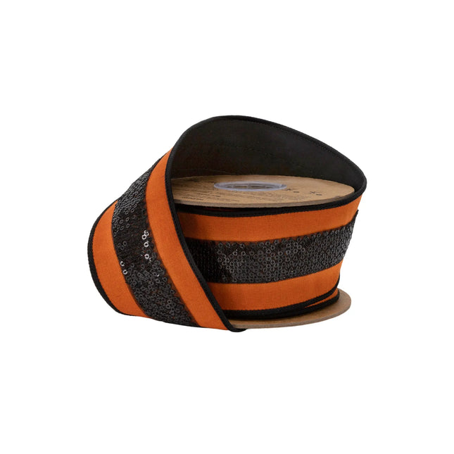 2 1/2" wired dupioni ribbon, vibrant orange fabric with dazzling black sequin trim for Halloween decor