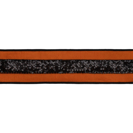 Festive craft wired ribbon, vibrant orange dupioni material finished with bold black sequin stripe detailing