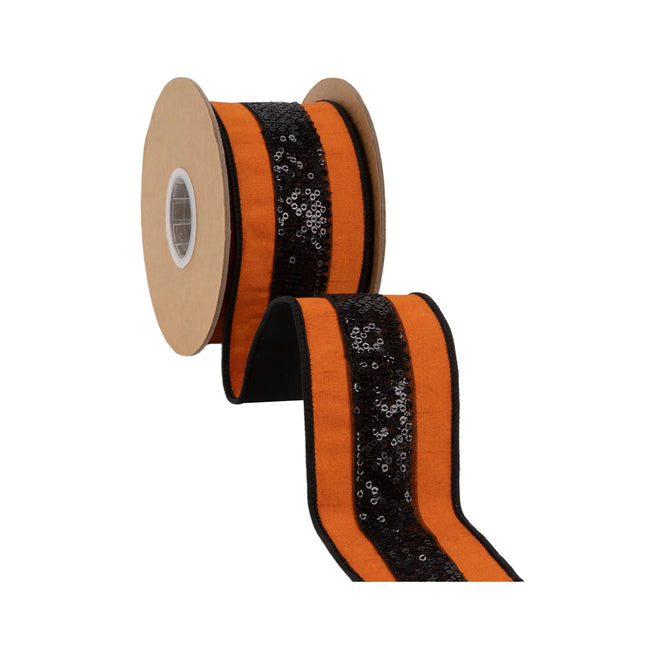 Bold orange dupioni wired ribbon, featuring shimmering black sequin stripe detailing for statement crafts