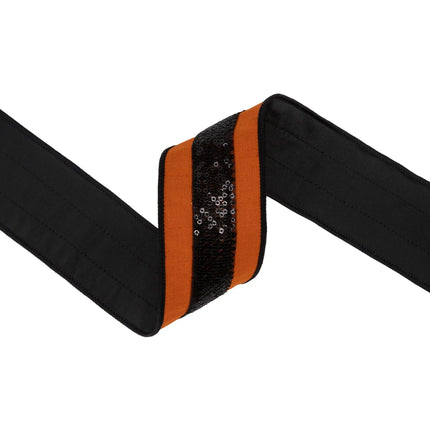 2 1/2"  wired ribbon, bright orange dupioni fabric bordered by sparkly black sequin trim