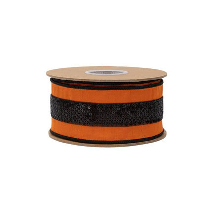 Eye-catching seasonal wired dupioni ribbon with rich orange base and glittering black sequin band accents
