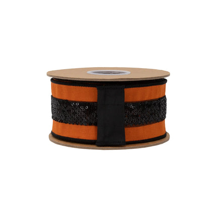 Premium 2 1/2" wired ribbon, smooth orange dupioni material accented with reflective black sequin trim
