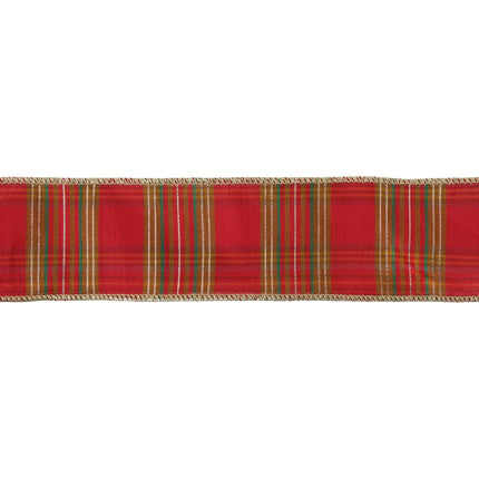 2.5-inch wired ribbon with red metallic plaid, perfect for adding sparkle to holiday decor.