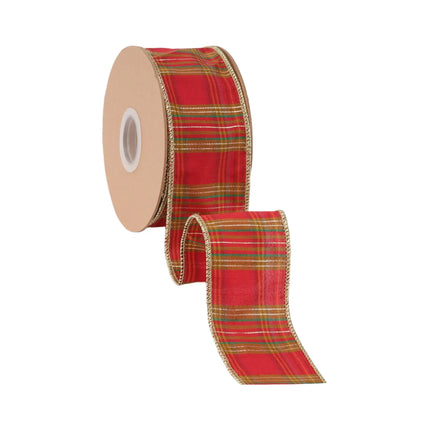2 1/2" red plaid ribbon with metallic threads, ideal for festive crafts and home accents.