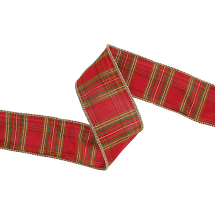 Wired red metallic plaid ribbon, suited for tree trimming and party decor projects.
