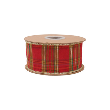 Red metallic plaid wired ribbon, 2.5-inch width, great for Christmas and seasonal decor.