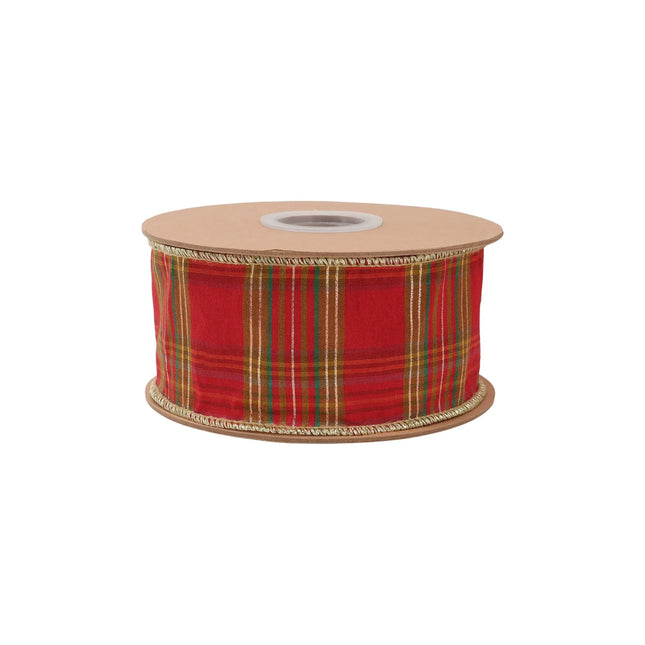 Red metallic plaid wired ribbon, 2.5-inch width, great for Christmas and seasonal decor.