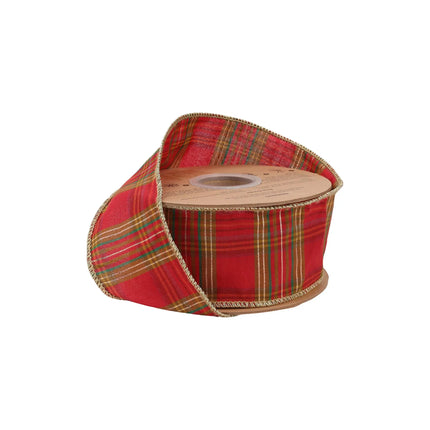 2 1/2" wired red metallic plaid ribbon, perfect for holiday wreaths and gift bows.
