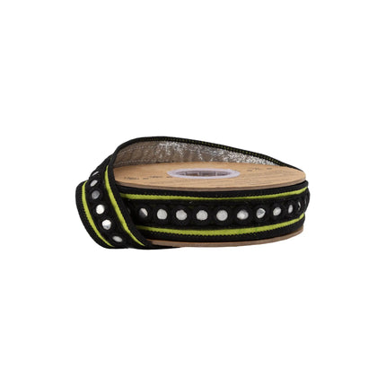 1" dupioni ribbon, vibrant green base with decorative circle mirror trim for bohemian craft accents