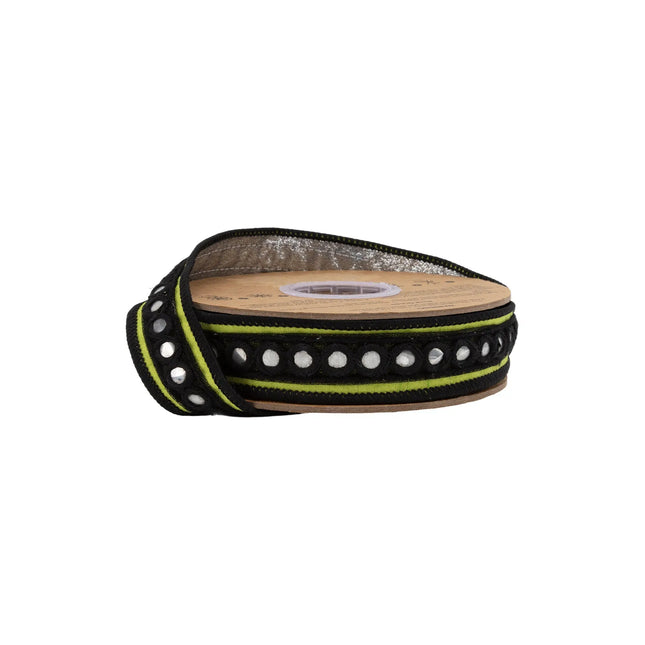 1" dupioni ribbon, vibrant green base with decorative circle mirror trim for bohemian craft accents