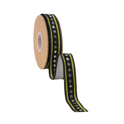 Eye-catching decorative dupioni ribbon with vivid green base and shimmering silver circle trim accents