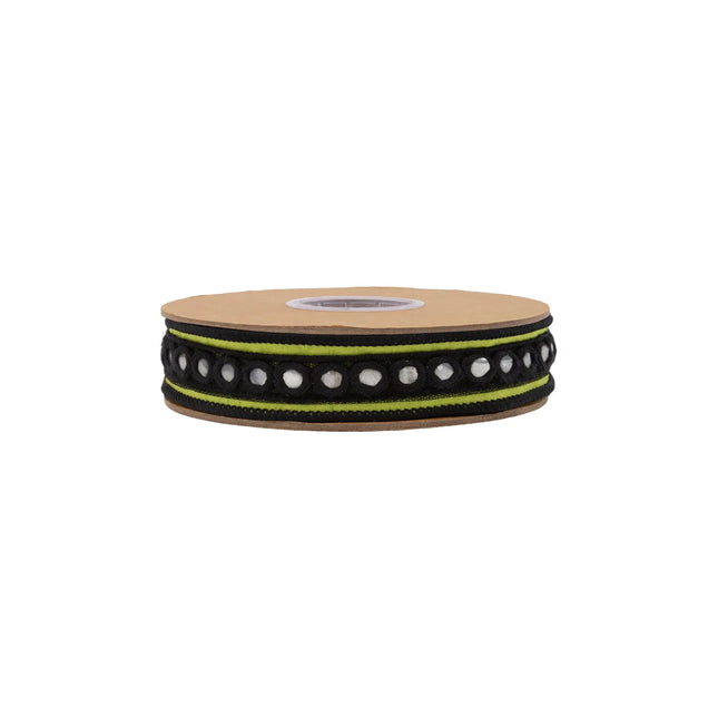 Bright green dupioni ribbon, 1"  featuring reflective silver circle trim for statement decor
