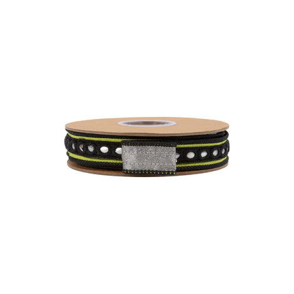 Premium 1" dupioni ribbon, smooth green fabric accented with intricate circular mirror detailing