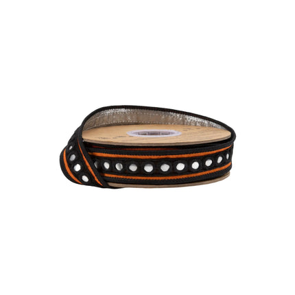 1" dupioni ribbon, vibrant orange base with decorative silver circle mirror trim for bohemian Halloween accents