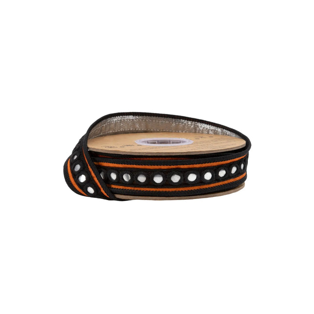 1" dupioni ribbon, vibrant orange base with decorative silver circle mirror trim for bohemian Halloween accents