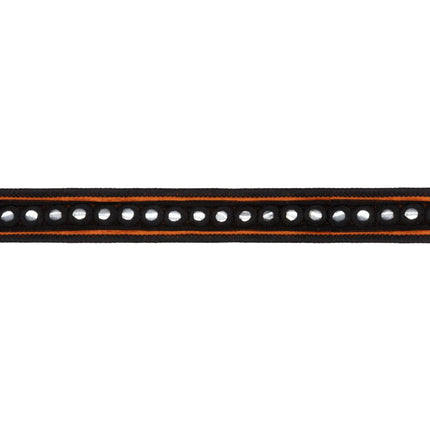 Festive dupioni ribbon, striking orange fabric finished with sparkling silver circle mirror detailing