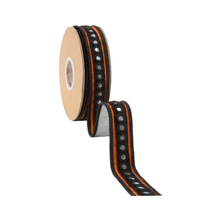 Eye-catching decorative dupioni ribbon with vivid orange base and shimmering silver circle accents