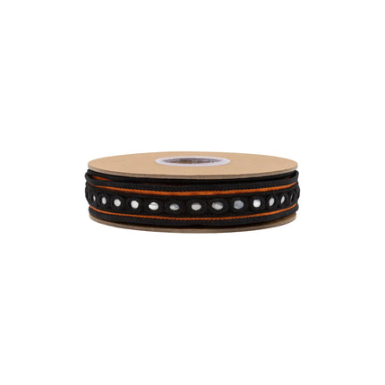 Bright orange dupioni ribbon,  featuring reflective silver circle detailing for statement craft decor