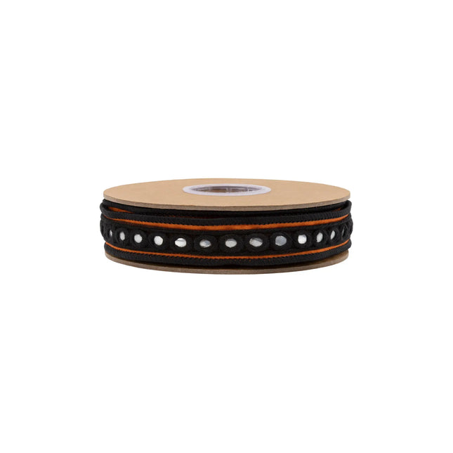 Bright orange dupioni ribbon,  featuring reflective silver circle detailing for statement craft decor