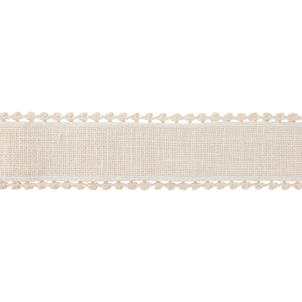 2.5-inch wired ribbon with double fringe trim on ivory canvas, ideal for seasonal projects.