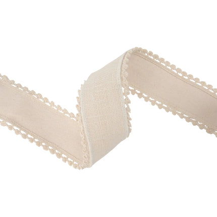 Fringe-trimmed ivory canvas wired ribbon, suited for boho crafts and home accents.