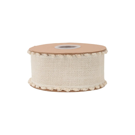 Ivory canvas wired ribbon with fringe trim, 2.5-inch width, perfect for farmhouse decor.