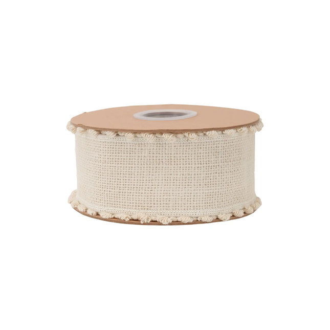 Ivory canvas wired ribbon with fringe trim, 2.5-inch width, perfect for farmhouse decor.