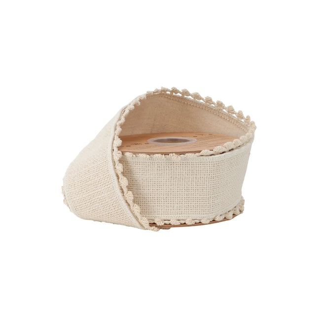 2 1/2" wired ivory canvas ribbon with double-sided fringe trim, ideal for wedding decor.