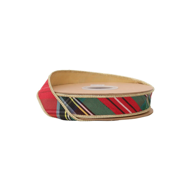 1" wired bold Christmas plaid ribbon with metallic gold backing, ideal for holiday bows.