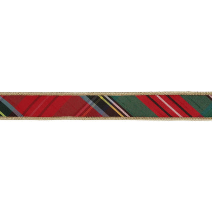1-inch wired bold plaid ribbon with gold metallic backing, ideal for adding sparkle to festive projects.