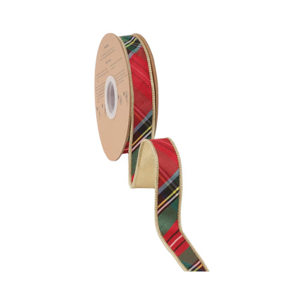 1" wired ribbon with festive plaid pattern and metallic gold backing, great for wreath accents.