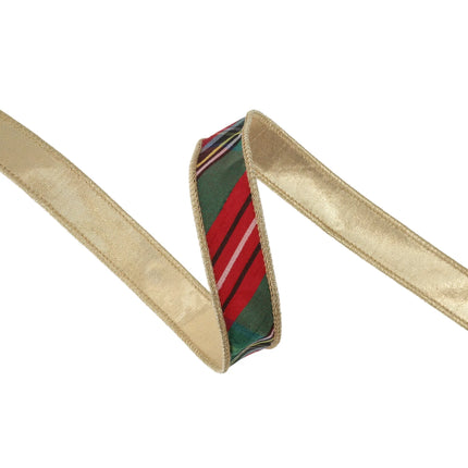 Christmas plaid wired ribbon with metallic gold backing, suited for holiday crafts and tree decor.