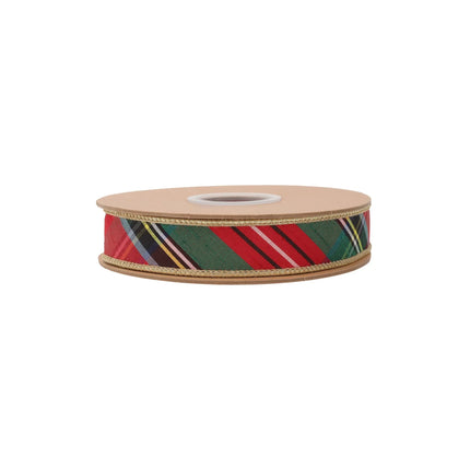 Bold Christmas plaid wired ribbon, 1-inch width with metallic gold backing, perfect for gift wrapping.