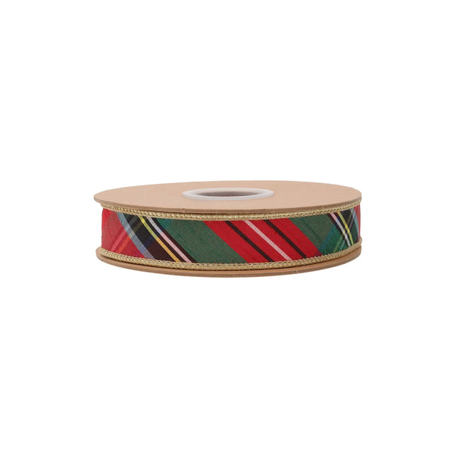 Bold Christmas plaid wired ribbon, 1-inch width with metallic gold backing, perfect for gift wrapping.